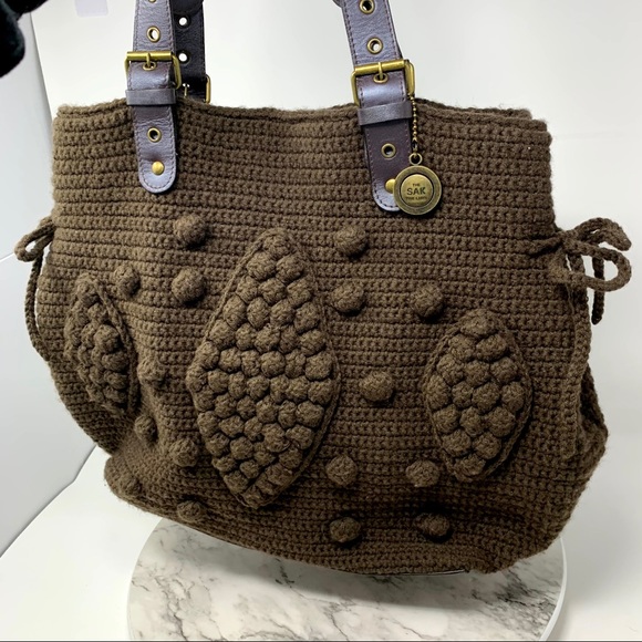 The Sak Pink Label Knitted Brown bobble textured tote bag  grannycore Bohemian - Picture 3 of 16